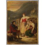 19th century Scottish School Chanter player and two attendant girls oil on board, signed RI and