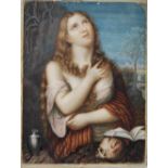 An 18th/ 19th century portrait miniature of a lady mourning with memento mori, painted on a