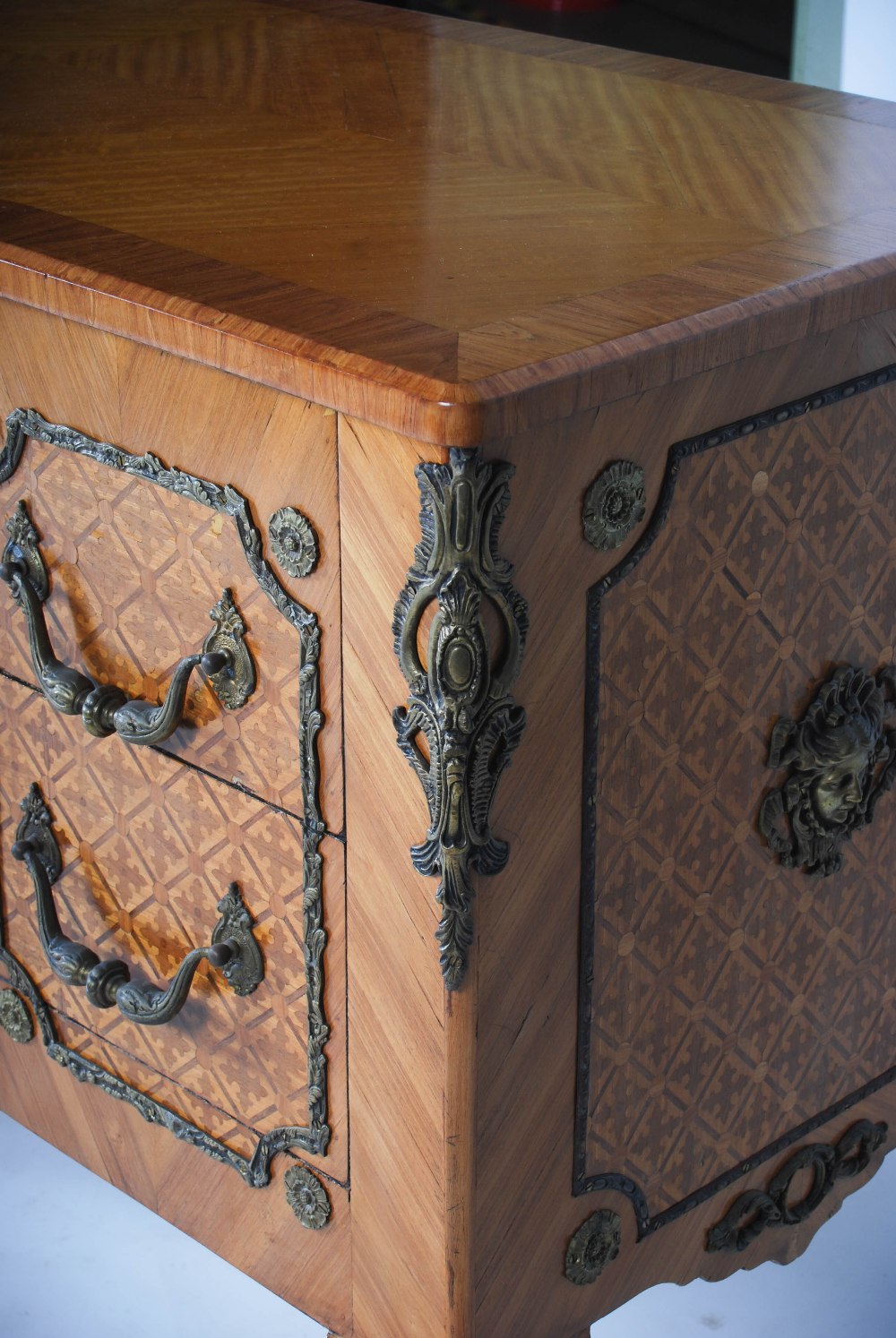 A French Louis XVI style marquetry and gilt metal mounted commode, the altered hinged top opening to - Image 8 of 8