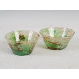 A near pair of small Monart bowls, shape MC, mottled clear, green and orange with gold coloured