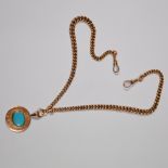 A 9ct gold Albert chain suspending a yellow metal pendant set with oval turquoise, gross weight 49.4