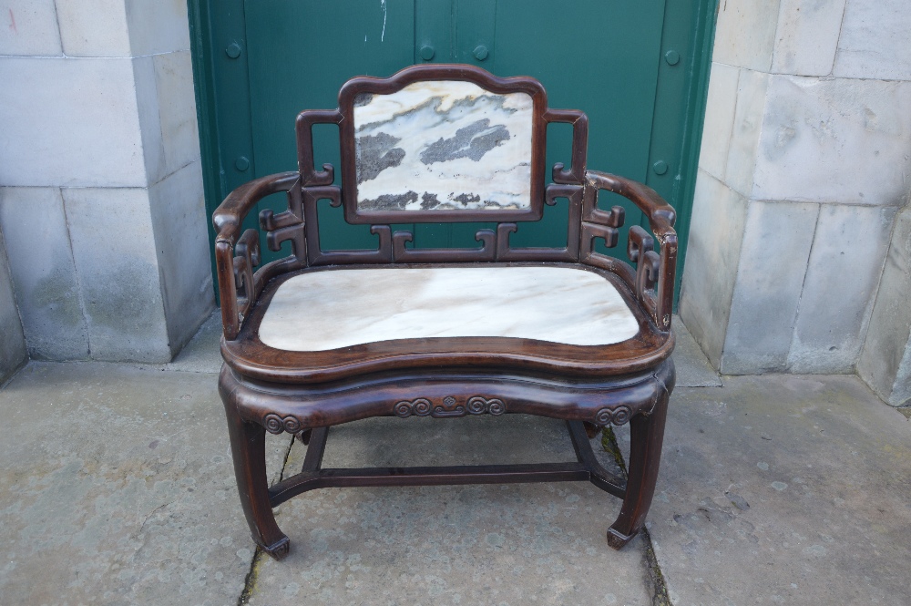 A Chinese dark wood and marble armchair, Qing Dynasty, the rectangular panelled back with grey and - Image 3 of 4