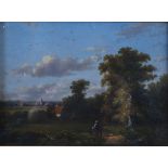 19th century British School Country landscape with figure walking on path oil on canvas 13.5cm x