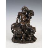 After Michel Claude Clodion - A bronze figure group of bacchanalian putto, two satyrs and lion,