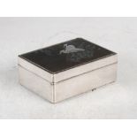 A Japanese silver and dark wood rectangular shaped box and cover, the detachable cover decorated