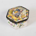 A Lille faience pottery hexagonal shaped box and cover dated 1767, with polychrome decoration of