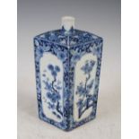 A Chinese blue and white porcelain rectangular shaped flask, Qing Dynasty, decorated with