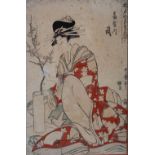 A Japanese woodblock print, Meiji Period, bijin arranging prunus, signed, 37.5cm x 25cm.