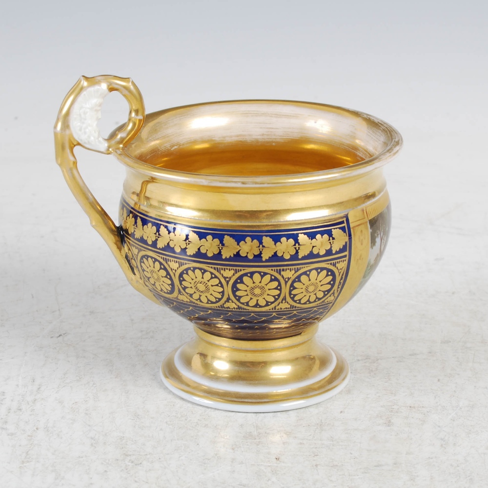 A late 19th/early 20th century Paris porcelain cobalt blue ground chocolate cup, decorated with a - Image 4 of 9