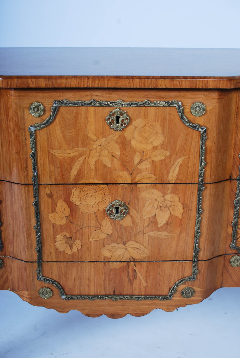 A French Louis XVI style marquetry and gilt metal mounted commode, the altered hinged top opening to - Image 5 of 8