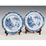 A pair of Chinese porcelain blue and white octagonal shaped plates, Qing Dynasty, decorated with