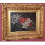 Early 20th century Still life with red geraniums and white hibiscus oil on canvas 24.5cm x 34cm