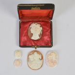 A collection of five 19th century cameos, comprising; an oval cameo carved with portrait profile