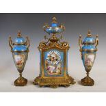 A late 19th century French porcelain and ormolu mounted clock garniture, E.S. Grainger, Paris, the
