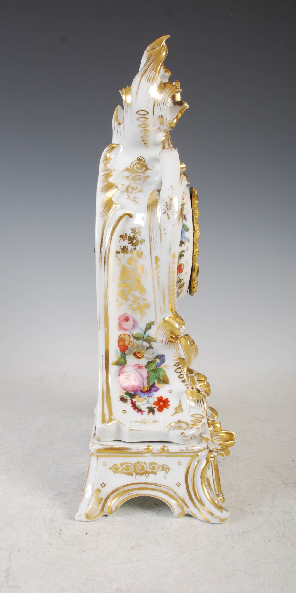 Thomas, Paris, a 19th century Paris porcelain and ormolu mounted Rococo style mantel clock on stand, - Image 5 of 13