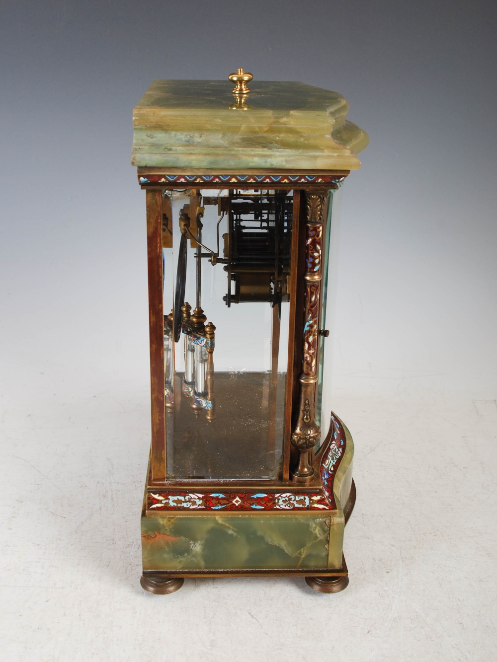 An early 20th century onyx and champleve enamel mantle clock, the circular dial with Arabic numerals - Image 4 of 9