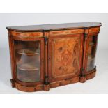 A Victorian walnut, marquetry inlaid and gilt metal mounted credenza, the shaped top above a central