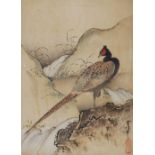 After Tsunenobu, a woodblock print of a cock pheasant, signed, 21.5cm x 15.5cm, together with a