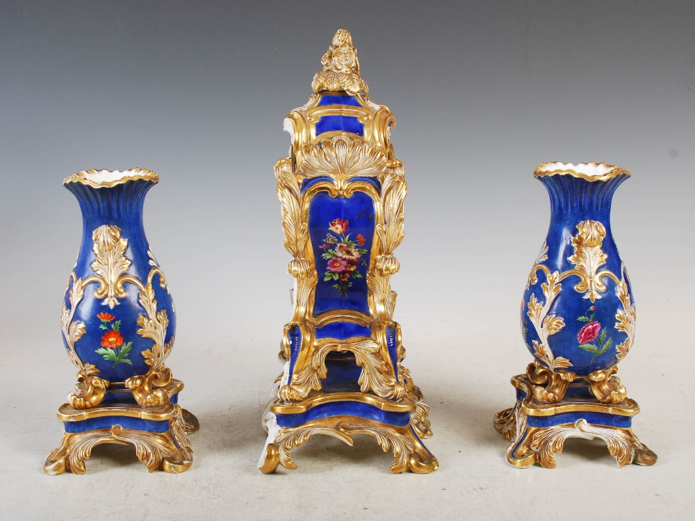 A 19th century French porcelain Rococo style clock garniture, Ed Honore, A, Paris, the mantel - Image 4 of 13