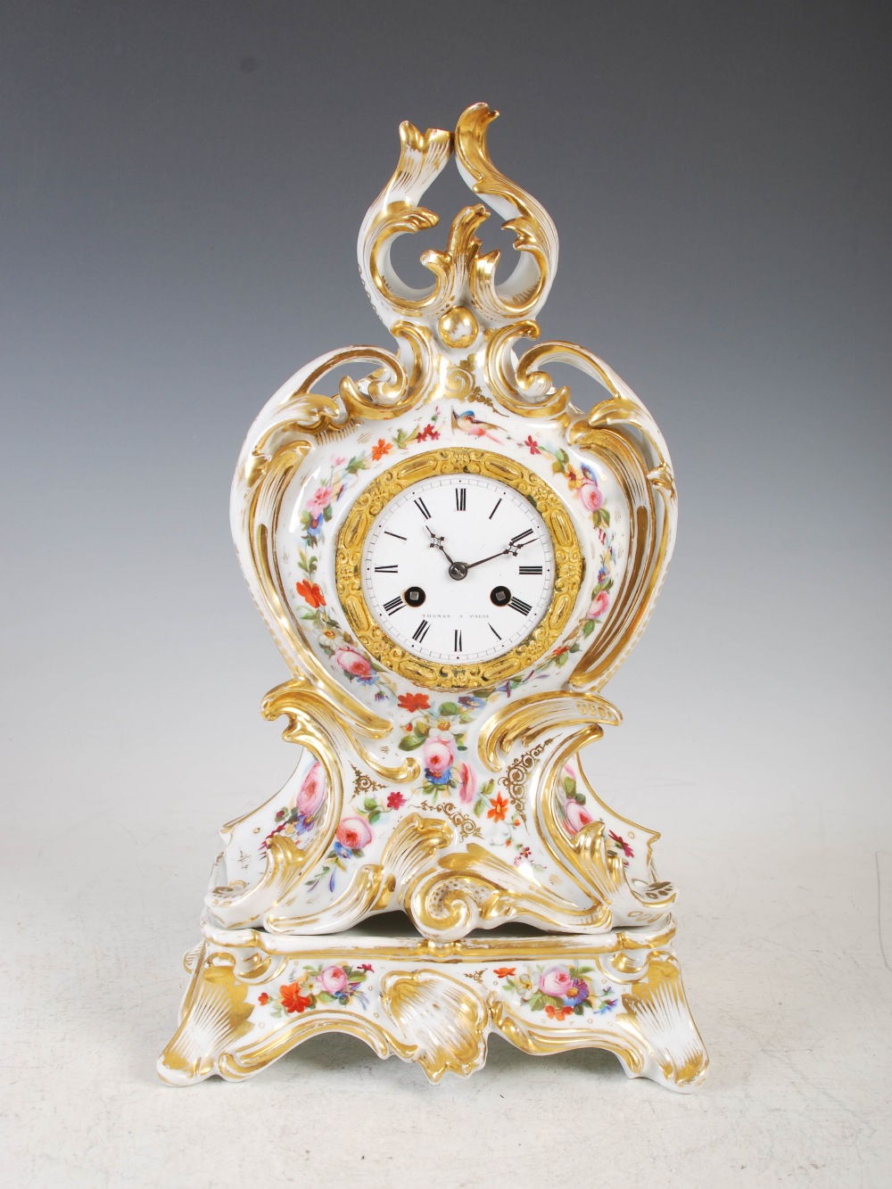 Thomas, Paris, a 19th century Paris porcelain and ormolu mounted Rococo style mantel clock on stand, - Image 2 of 13