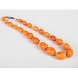 A graduated butterscotch amber necklace, comprising twenty one assorted oval beads, the largest