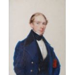 A 19th century portrait miniature of a Gentleman, watercolour and body colour on card, 8.5cm x 6.