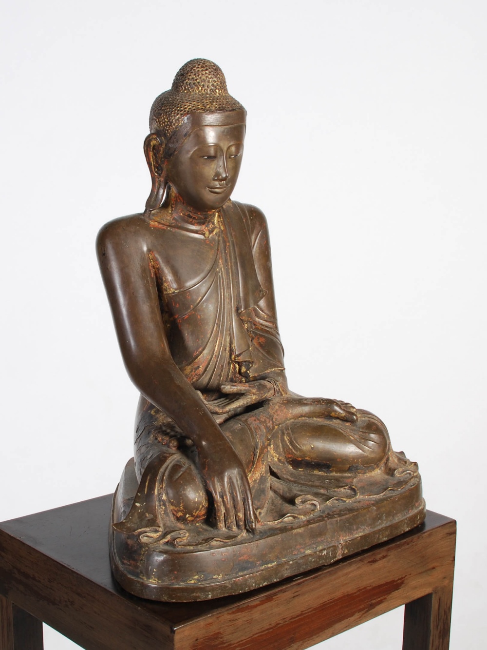 A 19th century gilt bronze figure of Buddha, Mandalay Period, modelled in varjrasana, on later - Image 2 of 13