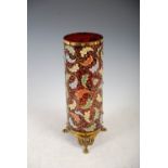 A late 19th century Moser gilt metal mounted and enamel decorated ruby glass vase, decorated with