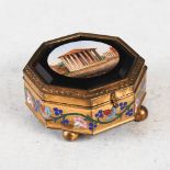 A late 19th century Italian micromosaic mounted octagonal shaped gilt metal and enamel box, the