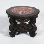 A small Chinese dark wood incense stand, Qing Dynasty, the shaped circular top inlaid with a mottled