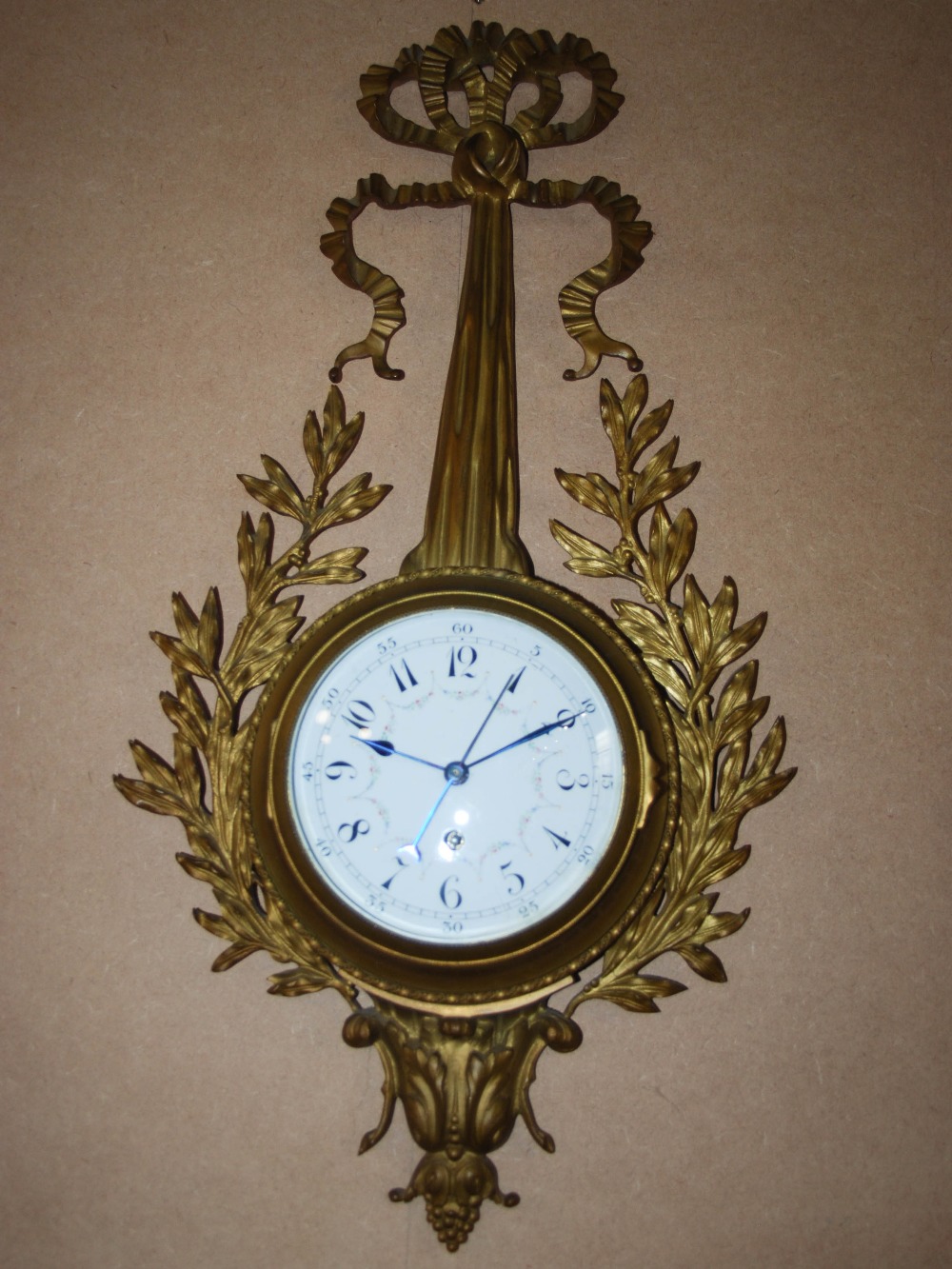 A late 19th/ early 20th century French gilt metal wall clock and matching barometer, both with white - Image 2 of 10