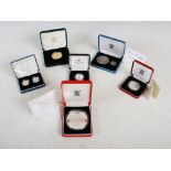 The Royal Mint, five silver proof sets, comprising: 2000 Alderney silver proof £10 coin Her