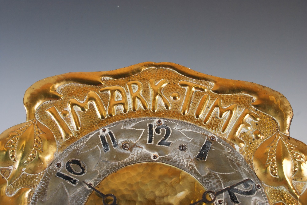 An Arts & Crafts brass and white metal 'wag at the wa' wall clock, the white metal chapter ring - Image 5 of 9