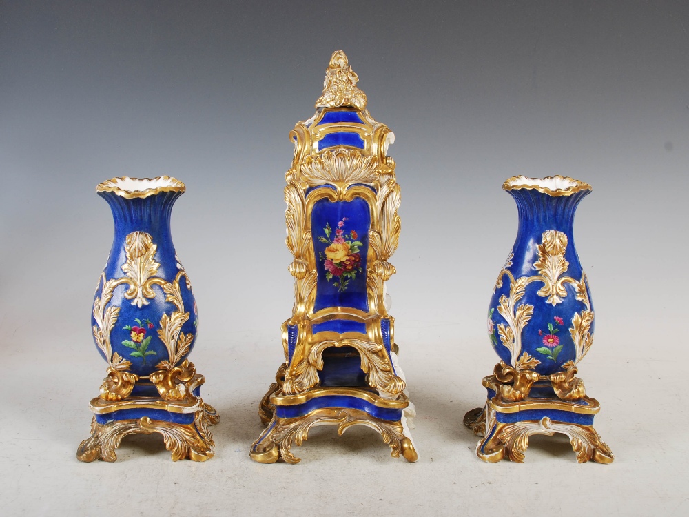 A 19th century French porcelain Rococo style clock garniture, Ed Honore, A, Paris, the mantel - Image 2 of 13