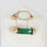 An opal, cabochon and yellow metal dress ring, together with a chrysoprase and yellow metal ring,