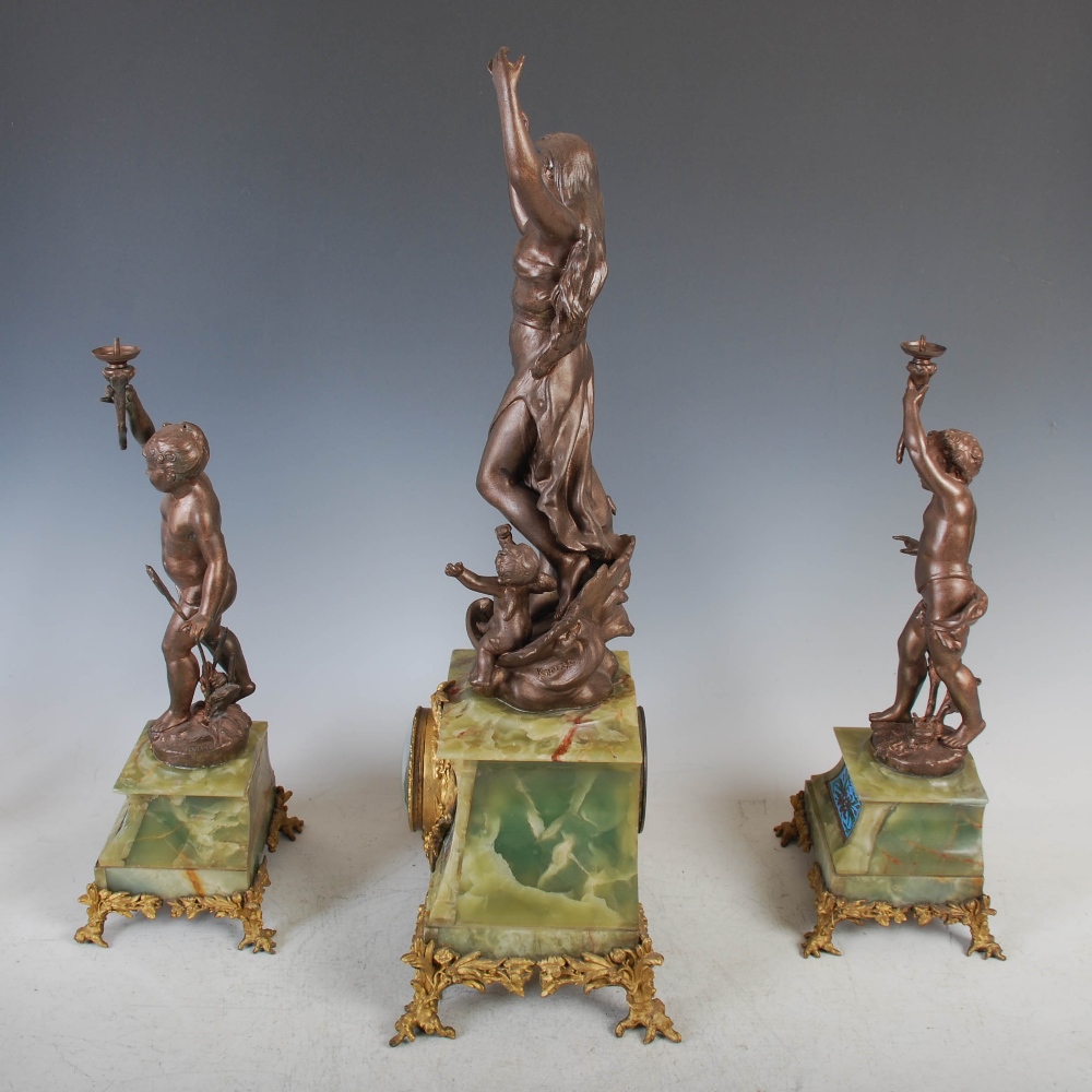 A late 19th/ early 20th century spelter, onyx and champleve enamel clock garniture, the clock with - Image 2 of 20