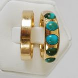 A yellow metal and turquoise five stone cabochon ring and an 18ct gold wedding ring, the turquoise