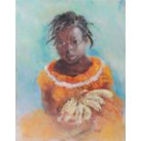 E. Wilkin Girl holding bananas charcoal and chalk, signed 59cm x 47cm
