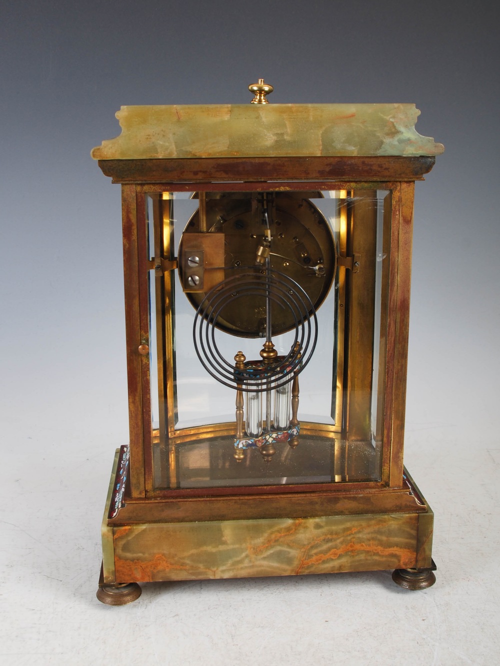 An early 20th century onyx and champleve enamel mantle clock, the circular dial with Arabic numerals - Image 3 of 9