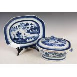 A Chinese porcelain blue and white octagonal shaped tureen, cover and meat plate, Qing Dynasty,