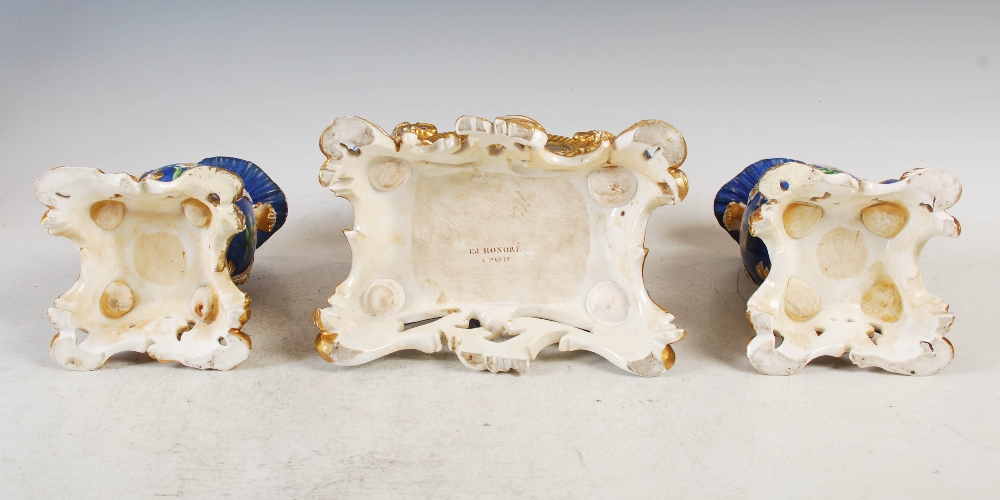 A 19th century French porcelain Rococo style clock garniture, Ed Honore, A, Paris, the mantel - Image 5 of 13