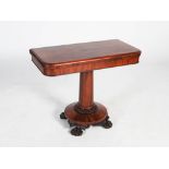 A 19th century mahogany pedestal tea table, the hinged revolving rectangular top above a plain