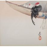 A Japanese woodblock print of cock and hens on a sale, by Shibata Zeshin, signed Zeshin, seal,