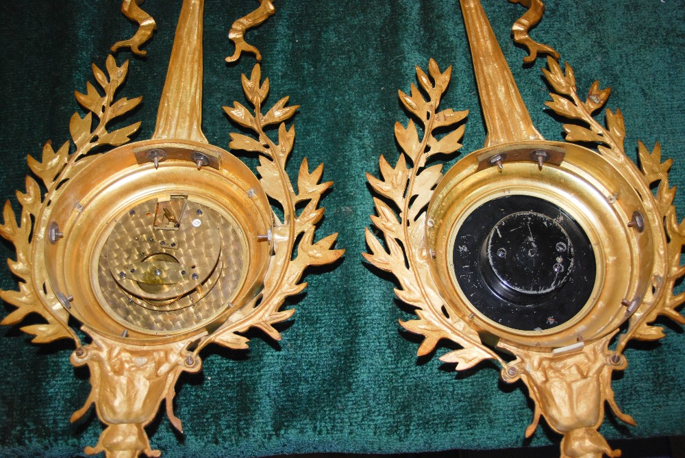 A late 19th/ early 20th century French gilt metal wall clock and matching barometer, both with white - Image 10 of 10