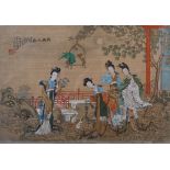 A Chinese silk picture, Qing Dynasty, decorated in coloured inks with four ladies in a fenced