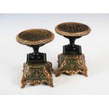 A pair of late 19th century Louis XV style green ground boulle work tazzas, the shallow dished bowls