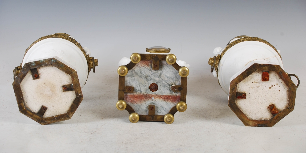 A late 19th/ early 20th century bisque porcelain, onyx and gilt metal clock garniture, the - Image 5 of 16