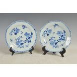 A pair of Chinese blue and white porcelain octagonal shaped plates, Qing Dynasty,