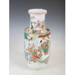 A Chinese porcelain famille verte rouleau vase, Qing Dynasty, decorated with continuous scene of