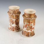 A pair of Japanese Satsuma pottery hexagonal shaped vases, Meiji Period, decorated with panels of